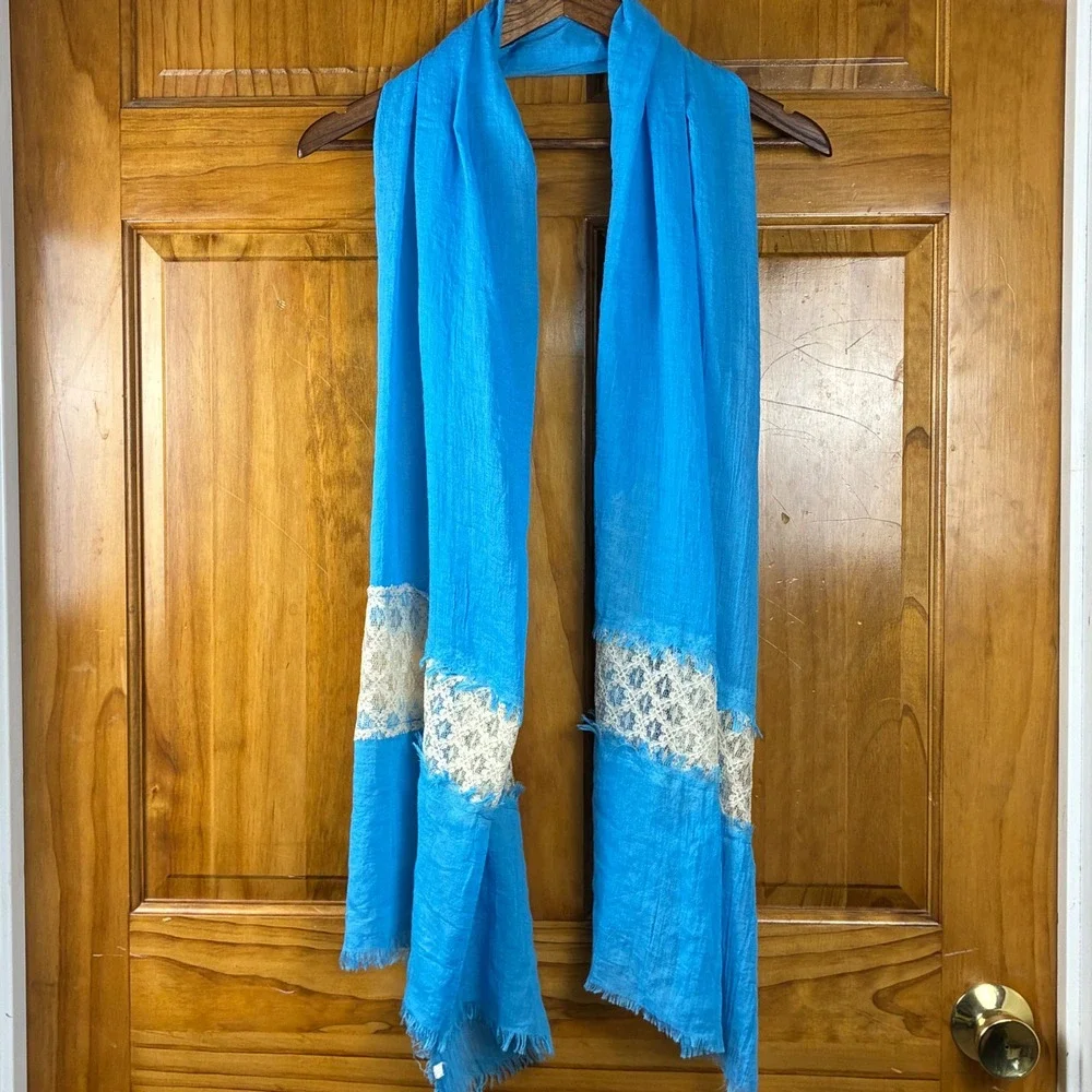 Turquoise Blue Lace Trim Gauze Wrap Scarf Frayed Edge Lightweight Boho Wrap
